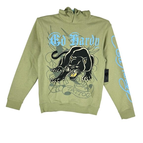 Ed Hardy Men's Olive Green Panther Tattoo Hoodie Sweatshirt Size Small NWT - Picture 11 of 12